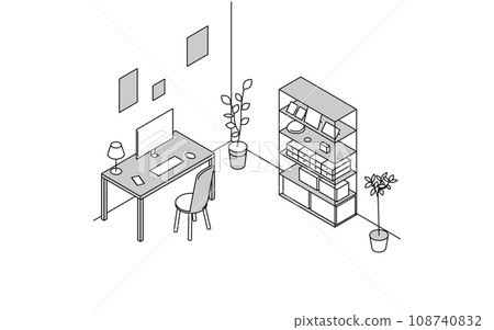 房間查找器：書房、辦公桌和書架的簡單等軸測圖 108740832