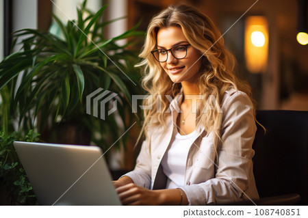 Empowered Home Office Woman Engaged in Distant Work Using a Laptop for Online Business. created with Generative AI 108740851