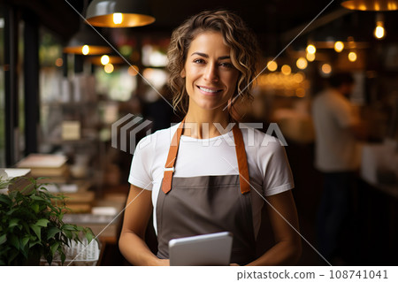 Joyful Coffee Shop Owner Welcoming Clients with a Digital Smile. created with Generative AI 108741041