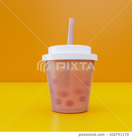 Disposable cup for beverages with straw 3d render. Bubble tea 3d illustration. 108741170