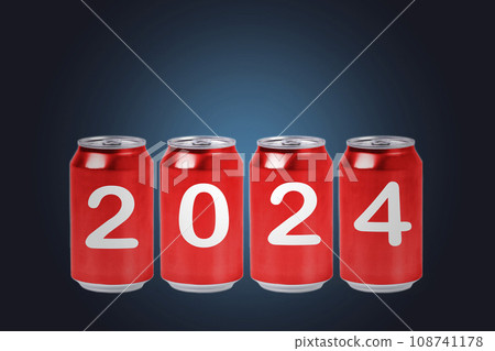 2024, Red soda cans with the number 2024 on blue background. Happy New Year 108741178