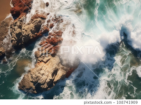 Aerial view of rocky coastline. Waves hitting in rocks. Birds eye view of the sea, cinimatic sea and moutain view. AI Generative. 108741909