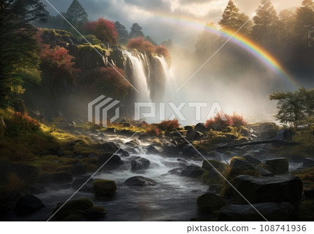 Jungle waterfall cascade in tropical rainforest with rock and turquoise blue pond. rainbow. AI Generative. 108741936
