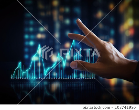 Hand of businessman pointing touch to chart financial goals. finger economic business graph planning forecast marketing grow investment concept.  AI Generative. 108741950