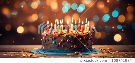 Happy birthday chocolate cake with candles, balloons and confetti background. Holiday banner Happy birthday chocolate cake with candles, balloons and confetti background. Holiday banner 108741984