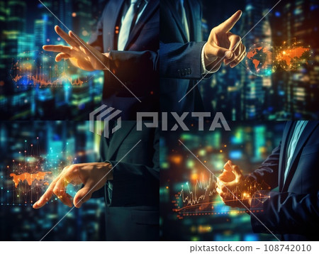 Hand of businessman pointing touch to chart financial goals. finger economic business graph planning forecast marketing grow investment concept.  AI Generative. 108742010