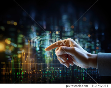 Hand of businessman pointing touch to chart financial goals. finger economic business graph planning forecast marketing grow investment concept.  AI Generative. 108742011