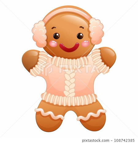 Vector illustration of a cute Christmas gingerbread cookie wearing a jumper and headphones 108742385