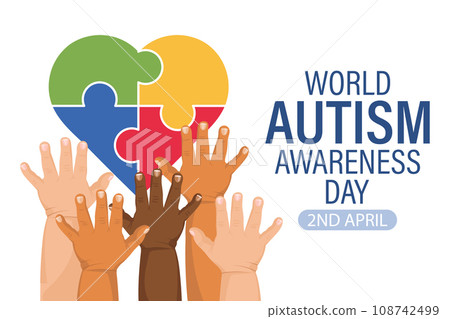 World Autism Awareness Day banner. Children's hands and colorful heart puzzles. Poster, vector World Autism Awareness Day banner. Children's hands and colorful heart puzzles. Poster, vector 108742499