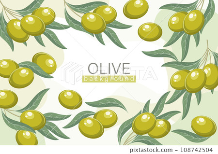 Background with olives. Cosmetic label background, green olives and twigs with leaves on an abstract background, vector 108742504