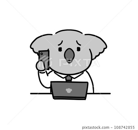 Working koala character talking on the phone while operating a PC 108742855