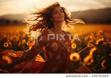 Sunset Serenade Enchanting Woman Dancing in a Field of Flowers at Dusk. created with Generative AI 108742889