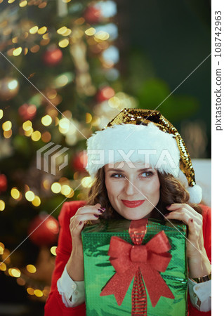 pensive stylish in modern green office with Christmas tree 108742963