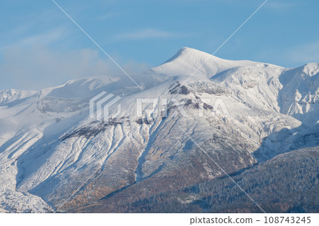 Tokachidake, a volcanic mountain peak with blue sky and snow cap Tokachidake, a volcanic mountain peak with blue sky and snow cap 108743245