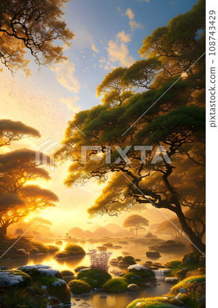 Reflection of sunset in the river. Abstract watercolor painting 108743429