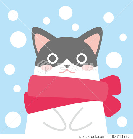 Christmas pattern icon_Cat wearing a muffler in the snow_Background color light blue 108743532