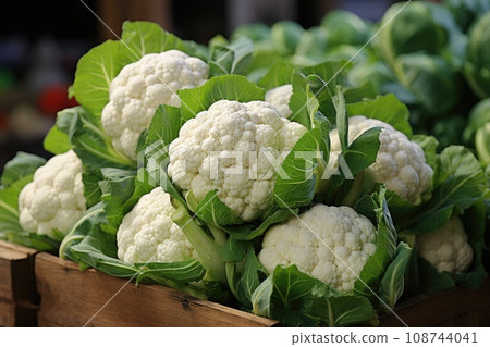 Fresh raw organic cauliflower with leaves. Generative AI Fresh raw organic cauliflower with leaves. Generative AI 108744041