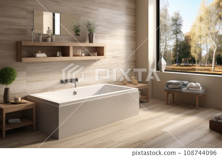 Bathroom with white bathtub. Generative AI 108744096