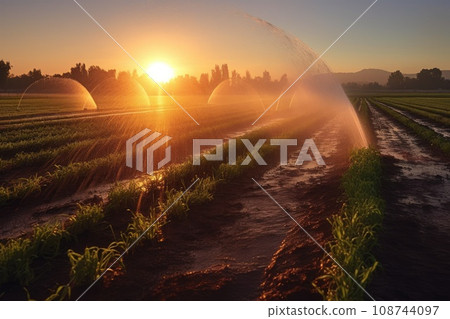 Water jets water young shoots on the field at sunset with beautiful glare irrigation. Generative AI 108744097