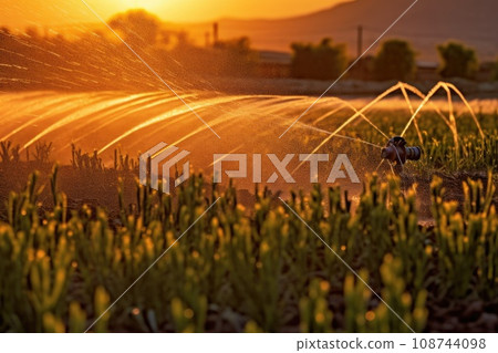 Water jets water young shoots on the field at sunset with beautiful glare irrigation. Generative AI 108744098