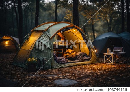 Camping picnic tent campground in outdoor hiking forest. Generative AI Camping picnic tent campground in outdoor hiking forest. Generative AI 108744116