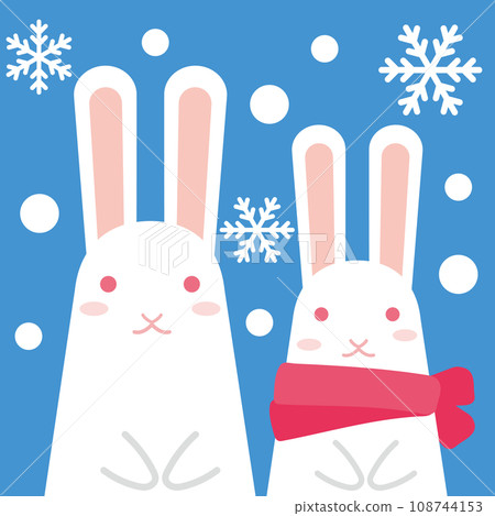 Christmas pattern icon_Two white rabbits in the snow_Background color blue 108744153