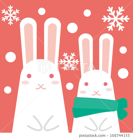 聖誕圖案圖示_雪地裡的兩隻小白兔_背景色聖誕紅 108744155