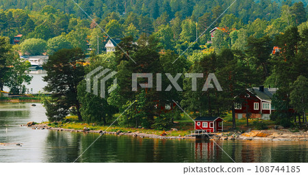 Swedish Wooden Sauna Logs Cabins Houses On Island Coast In Summe Swedish Wooden Sauna Logs Cabins Houses On Island Coast In Summe 108744185