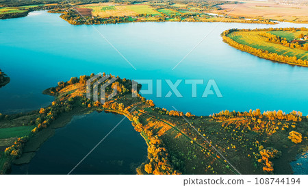 Aerial View Of Lakes Rivers Islands And Countryside Landscape. Aerial View Of Lakes Rivers Islands And Countryside Landscape. 108744194