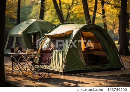 Camping picnic tent campground in outdoor hiking forest. Generative AI Camping picnic tent campground in outdoor hiking forest. Generative AI 108744200
