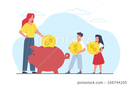 Teaching family budget planning, mother and children putting coins in piggy bank. Parents savings funds, family banking and investment. Cartoon flat style isolated vector finance concept Teaching family budget planning, mother and children putting coins in piggy bank. Parents savings funds, family banking and investment. Cartoon flat style isolated vector finance concept 108744205