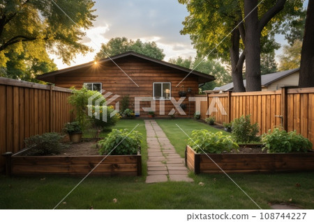 Wooden fence with green lawn. Generative AI 108744227