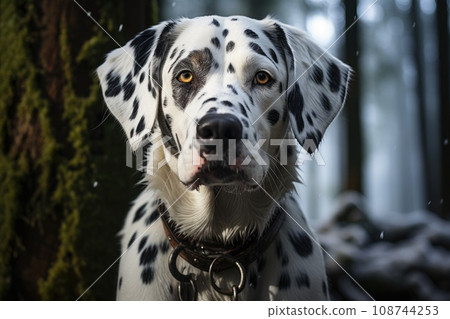 Beautiful Dalmatian dog in a snowy forest. Generative AI Beautiful Dalmatian dog in a snowy forest. Generative AI 108744253