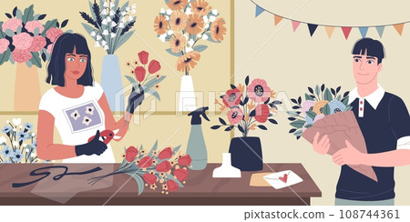 Professional florist work. Cute woman makes flowers composition, romantic holiday bouquet creating, elements layout, flower shop woman preparing gift. Creative occupation tidy vector concept 108744361