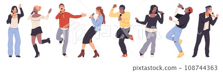 People in karaoke. Happy visitors dancing and singing, guys and girls with microphones, club singers, vocal recreation, entertainment show, cartoon flat style isolated tidy vector set 108744363