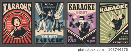 Karaoke club cards. Retro design, invitation promo poster, talents singers bar, vocal music party, guys and girls with microphones, vintage cartoon flat style isolated tidy vector set 108744376