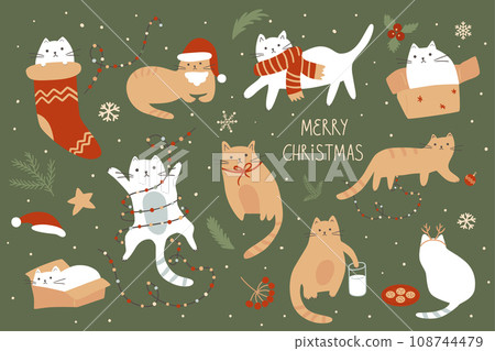 Christmas cats celebrating winter holiday set. Vector new year cute pets playing with Christmas decoration 108744479