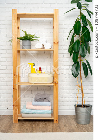 Liquid detergents containers on shelf in a bathroom 108744733