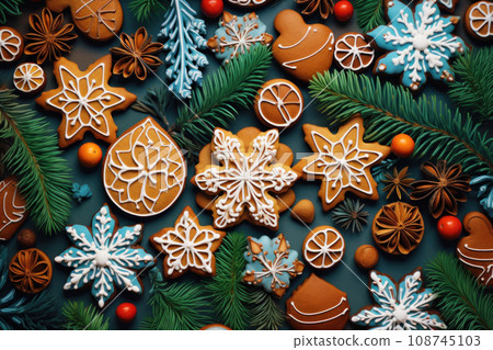 Christmas cookies and pine branches as a colorful Christmas background Christmas cookies and pine branches as a colorful Christmas background 108745103
