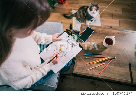 Woman drawing work-life balance wheel sitting on the sofa at home. Self-reflection and life planning for next new year. Personal Year review. Coaching tools. Finding Balance in Life. Selective focus. Woman drawing work-life balance wheel sitting on the sofa at home. Self-reflection and life planning for next new year. Personal Year review. Coaching tools. Finding Balance in Life. Selective focus. 108745174