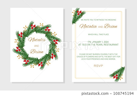 Wedding invitation layout template in winter theme. Wreath of fir branches and rosehip berries. Design of an invitation card. Vector illustration. 108745194