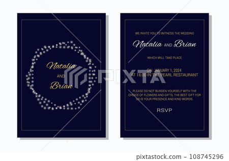 Wedding invitation layout template in winter theme. Snowflake Decoration. Design of an invitation card. Vector illustration. 108745296