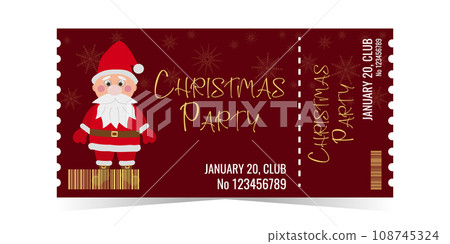 Christmas Party Ticket layout template card design. Santa Claus on a dark red background with snowflakes. Winter holiday invitation card. Vector flat illustration. 108745324