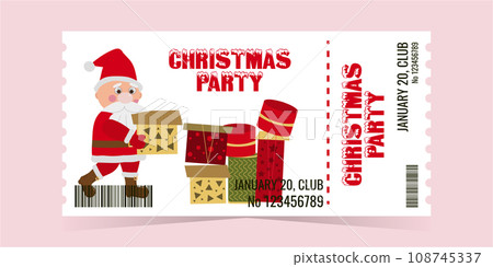 Christmas Party Ticket layout template card design. Santa Claus with gifts on a white background. Winter holiday invitation card. Vector flat illustration. Christmas Party Ticket layout template card design. Santa Claus with gifts on a white background. Winter holiday invitation card. Vector flat illustration. 108745337