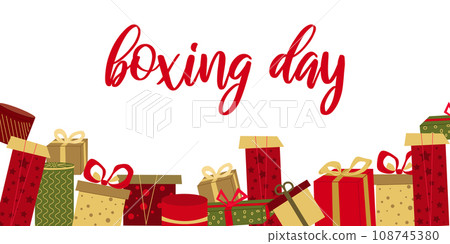 Boxing Day. Horizontal banner. Color Holiday Boxes. Lots of colored gift boxes on a white background. Design greeting cards. Party, Christmas, birthday. Vector illustration. Boxing Day. Horizontal banner. Color Holiday Boxes. Lots of colored gift boxes on a white background. Design greeting cards. Party, Christmas, birthday. Vector illustration. 108745380