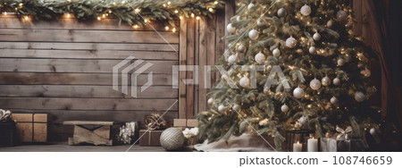 Natural rustic and gold Christmas Decor. large decorated christmas tree, wooden. banner. a lot of lights on the background. Scandinavian style. cosy, soothing neutral tones and natural materials. Ai 108746659