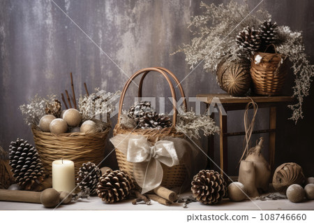 Natural rustic Christmas Decor. large decorated christmas tree, wooden jewelry, berries. a lot of lights on the background. Scandinavian style. soothing neutral tones and natural materials. Ai Natural rustic Christmas Decor. large decorated christmas tree, wooden jewelry, berries. a lot of lights on the background. Scandinavian style. soothing neutral tones and natural materials. Ai 108746660