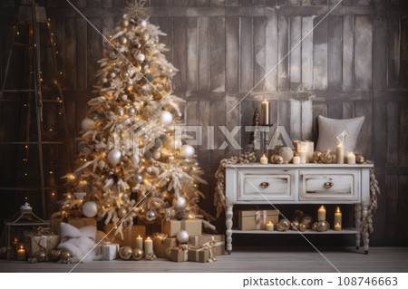 Natural rustic and gold Christmas Decor. large decorated christmas tree, wooden jewelry, berries. a lot of lights on the background. Scandinavian style. cosy, neutral tones and natural materials. Ai Natural rustic and gold Christmas Decor. large decorated christmas tree, wooden jewelry, berries. a lot of lights on the background. Scandinavian style. cosy, neutral tones and natural materials. Ai 108746663