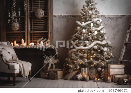 Natural rustic Christmas Decor. large decorated christmas tree, wooden jewelry, berries. a lot of lights on the background. Scandinavian style. soothing neutral tones and natural materials. Ai Natural rustic Christmas Decor. large decorated christmas tree, wooden jewelry, berries. a lot of lights on the background. Scandinavian style. soothing neutral tones and natural materials. Ai 108746671