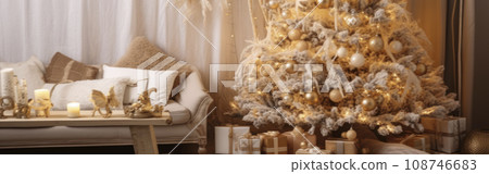 Natural rustic and gold Christmas Decor. large decorated christmas tree, wooden. banner. a lot of lights on the background. Scandinavian style. cosy, soothing neutral tones and natural materials. Ai Natural rustic and gold Christmas Decor. large decorated christmas tree, wooden. banner. a lot of lights on the background. Scandinavian style. cosy, soothing neutral tones and natural materials. Ai 108746683
